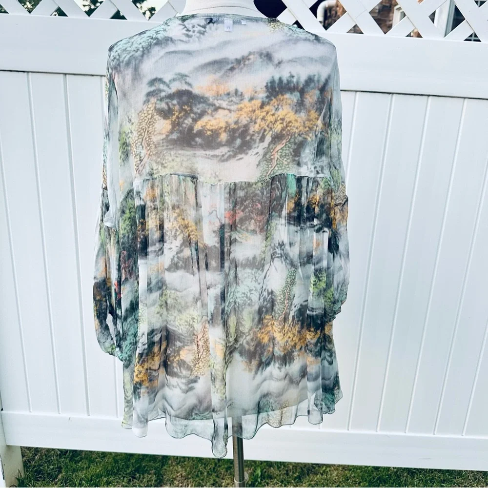 Tempo Paris Sheer Landscape Print Blouse Medium V-Neck High-Low Boho Top - Picture 8 of 10